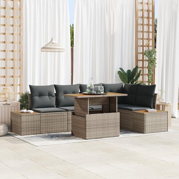 VidaXL Ensemble de salle à manger de jardin de 6 pièces avec coussins en poly rattan gris et acacia 3350071