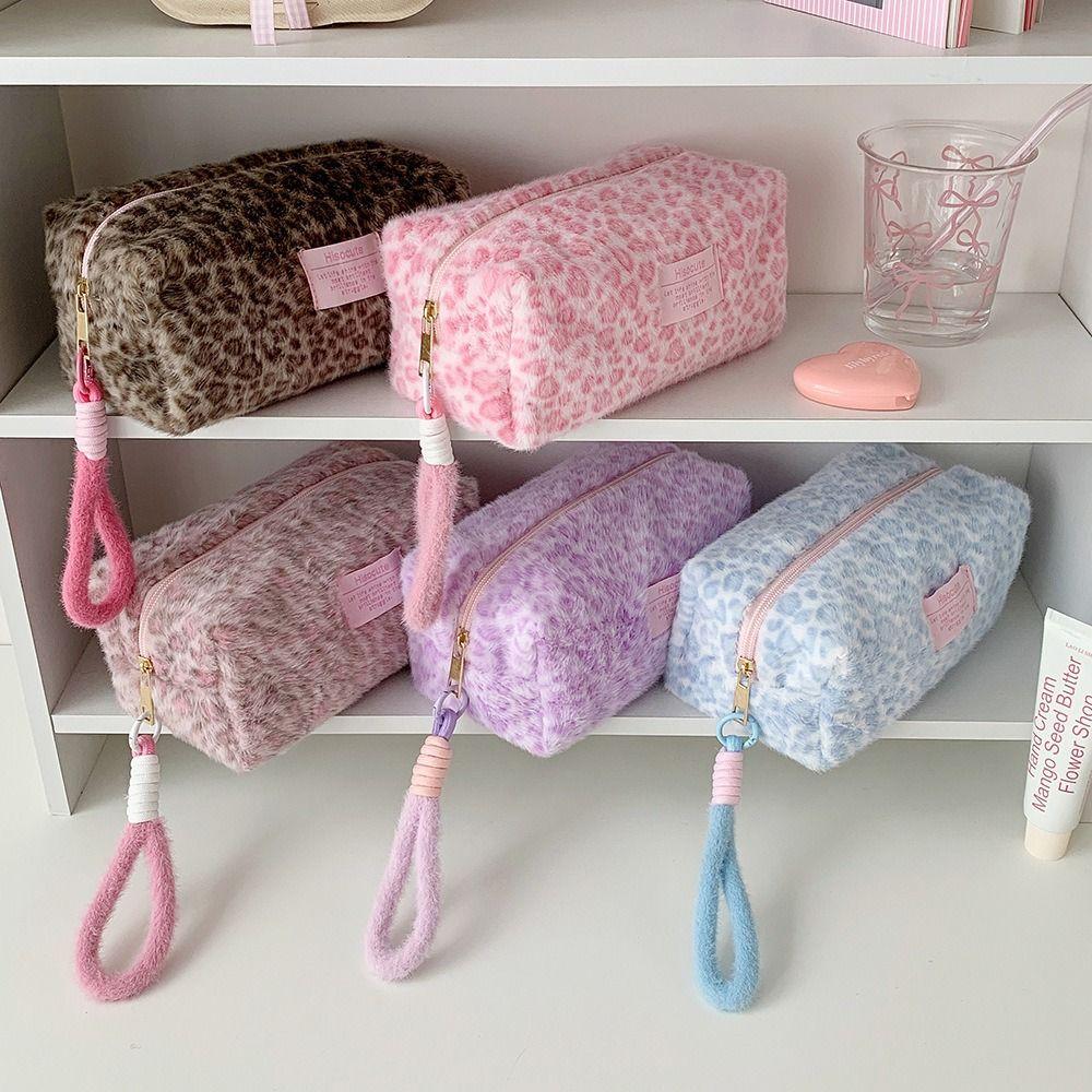 Leopard Print Pen Bag Plush Stationery Pouch Multi-functional Pencil Case  Back To School