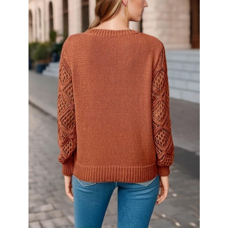 Spring Autumn Women Sweater Knitted Skeleton Pullover Long Sleeve Crochet Jacquard V-Neck Loose Top