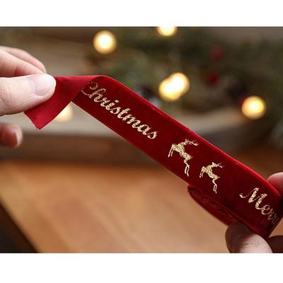 Ruban Velours Filé Largeur 2,5CM Ruban Haute Qualité Imprimé Feuille Dorée Cerf/Étoile Longueur 2M Ruban Polyvalent pour Emballage de Noël