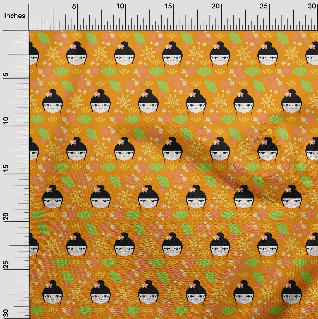 oneOone Cotton Flex Mustard Yellow Fabric Asian Japanese Fan Craft Projects Decor Fabric Printed By The Yard 40 Inch