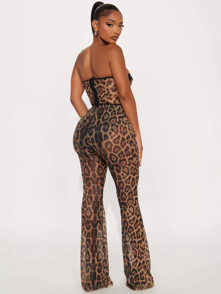 Sexy Leopard Print Tube Top Set Women's 2 Piece Outfit with Bra Pads Strapless Bodycon Club Wear