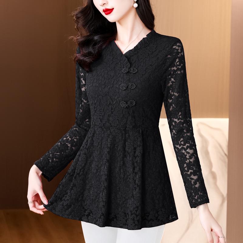 

Топ с длинным рукавом из кружева и бархата облегающего кроя на осень/зиму 2024 года с подолом юбки и дизайном, подчеркивающим талию M