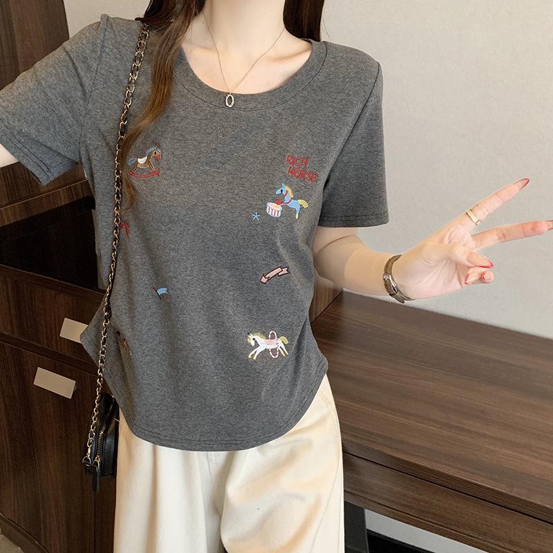 2026 Summer Plus Size Women's Sweet Cartoon Embroidery Round Neck T-Shirt