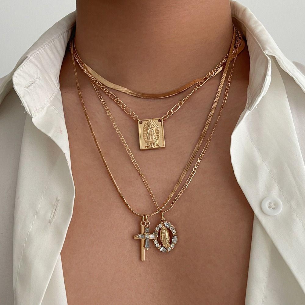 Punk Multilayer Pendant Necklace Crystal Y2K Metal Necklace Cool Beaded Necklace  Party