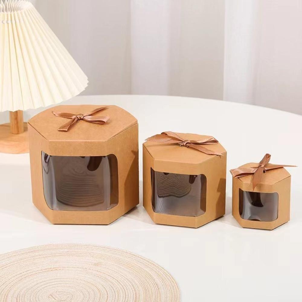 6Pcs Hexagonal Kraft Paper Box Transparent Window Handmade Gift Packaging Boxes with Ribbon Candy Cookies Box