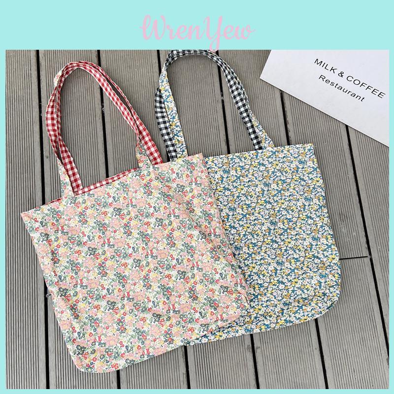 Elegant Floral Patchwork Plaid Canvas Bag With Soft Handles For Daily Use
