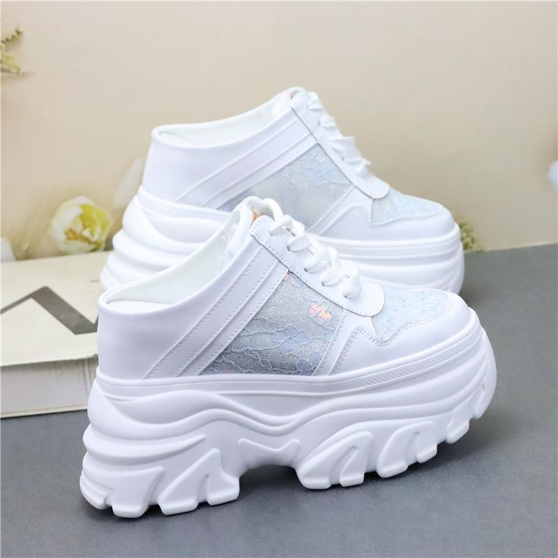 Fashion 12CM Air Mesh Lace Genuine Leather Comfy Platform Wedge Slippers High Brand Breathable Summer Platform Wedge Casual Shoes