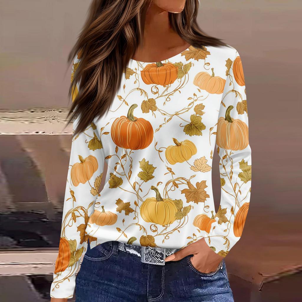 Women's Fashion Long Sleeve Neck Top with Hem Slit Halloween Print for Party