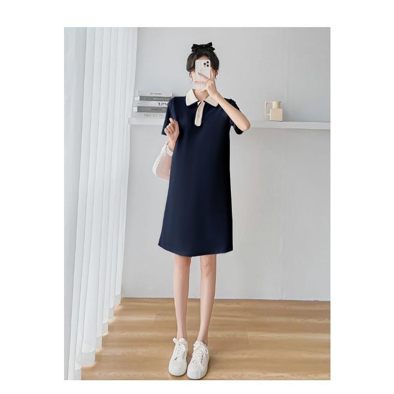 

Платье для беременных женщин, летнее, с короткими рукавами, тонкое, розовое, с воротником-поло, однотонное, небольшое, свободное XXL