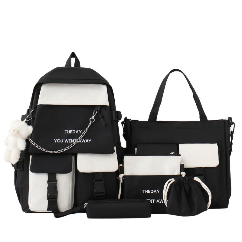 Middle School Backpack Bear Pendant High Capacity Campus Knapsack Contrast Color Men Women's 5 Piece Backpack Shoulder Bag Crossbody Pouch Pencil Case