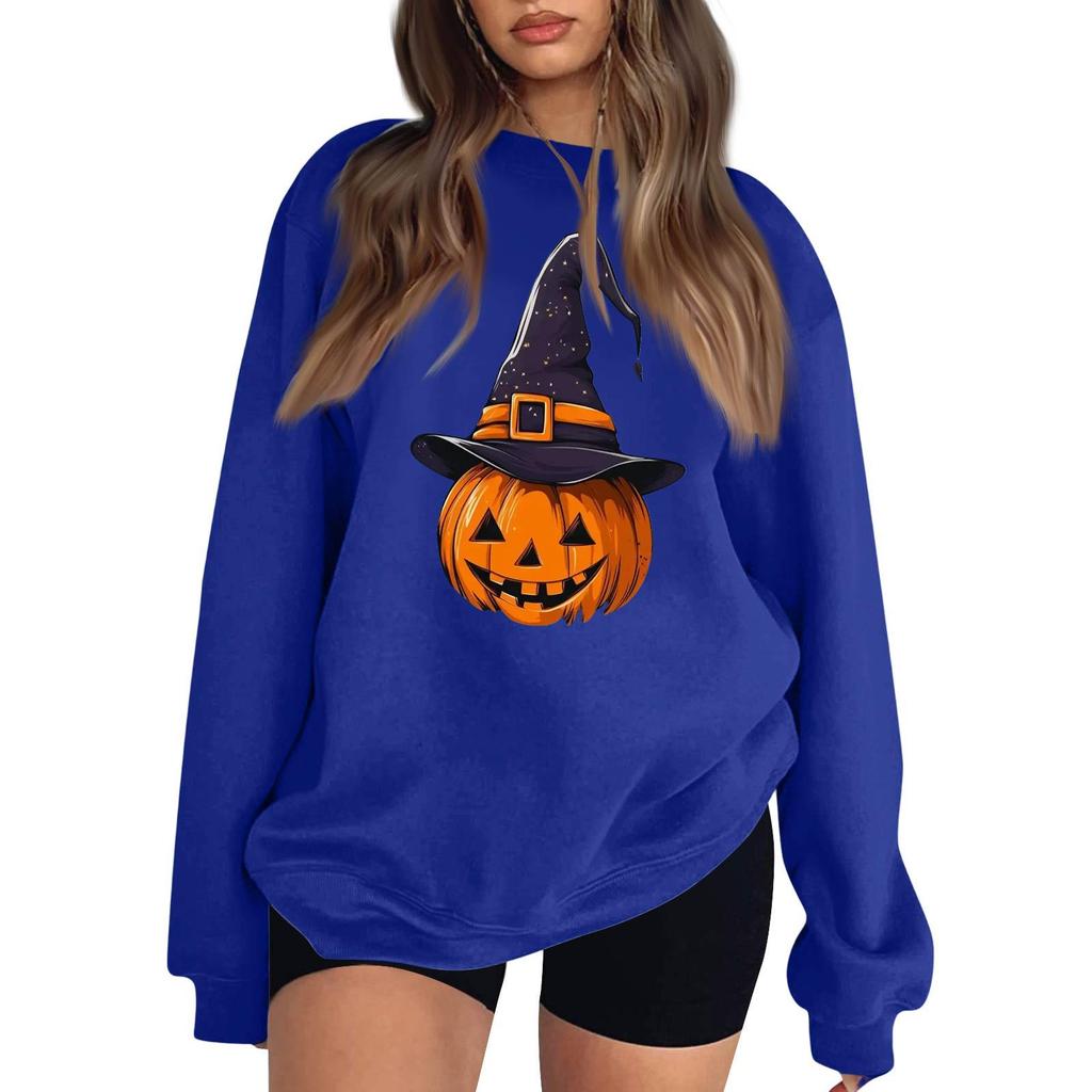 Women's Neck Long Sleeve Loose Fit Casual Sweatshirt Pullover Top with Halloween Print