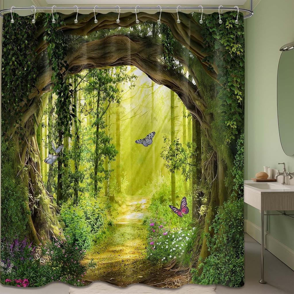 Magic Forest Shower Curtain Bathroom Green Trees Natural Spring And Summer Landscape Waterproof Shower Curtain With Hook