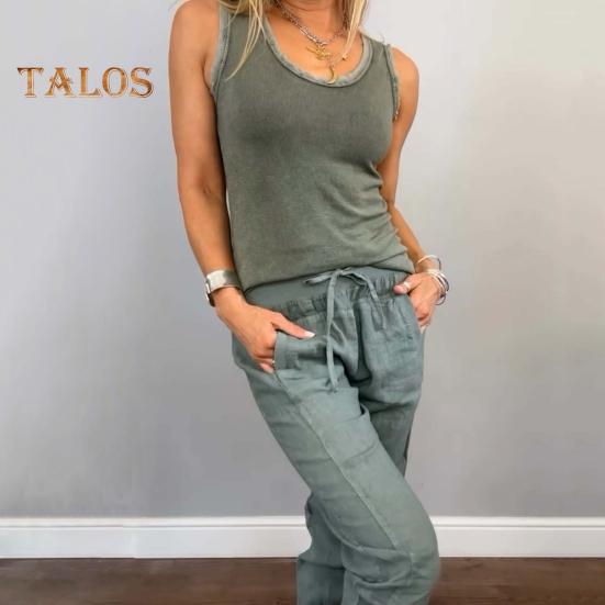 2 Teile/satz Frauen Weste Hosen Set Ärmelloses U-Ausschnitt Top Einfarbig Elastische Taille Retro Neunte Hose Pendeln Urlaub Outfit