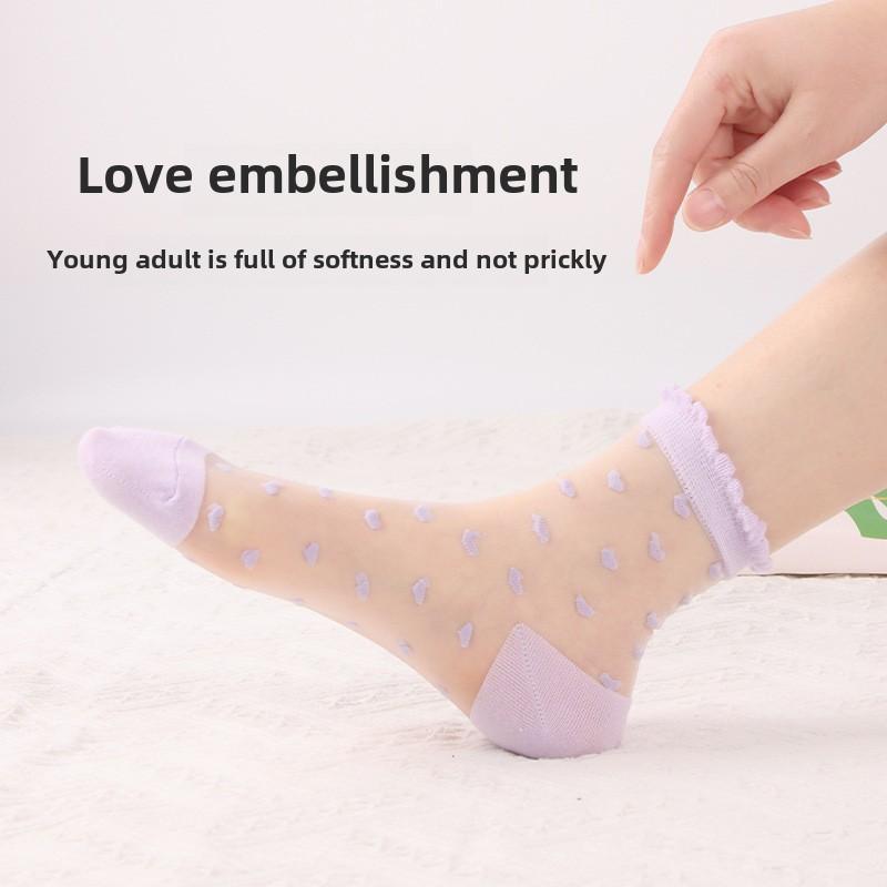 5 Pairs Socks Women Spring and Summer Thin Fashion Thin Crystal Silk Tube Women's Socks Cool Transparent Love Glass Stockings