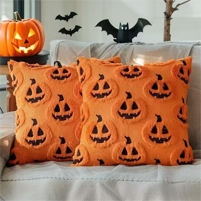 45*45CM Reversible Halloween Pillow Cover - Double-Sided Pumpkin Ghost Design, Quilted Velvet Cushion Case for Sofa Party Decor