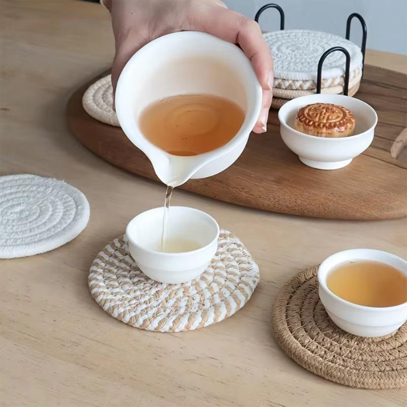 Stylish Woven Drink Coasters with Holder Set, 8Pcs Absorbent Coasters for Home Decoration