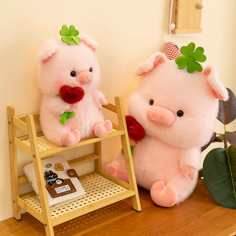 New flower holding pig plush doll cute children's accompanying doll office ornament small pink pig cloth doll