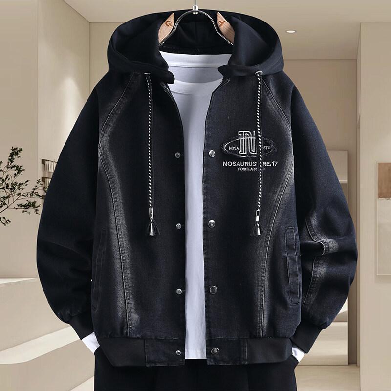 Spring New Denim Jacket for Men Loose Hooded Embroidery Fake Two-piece Teenager Handsome Jacket