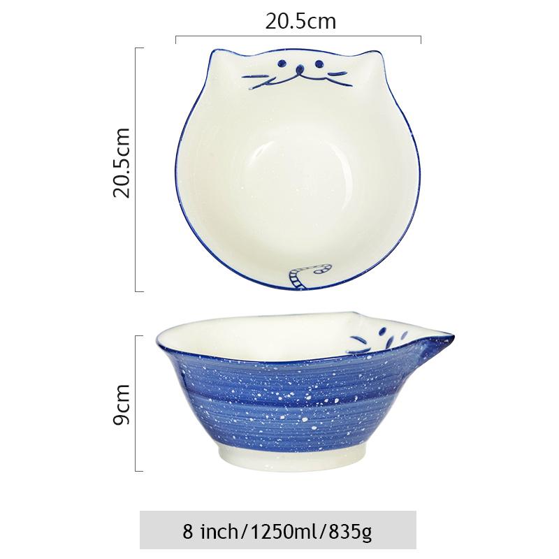 

8-дюймовая миска с изображением котенка, керамическая миска для лапши, большая миска для рамена, китайская столовая посуда для ресторана, суп-салатница для кошек Maneki Neko синий