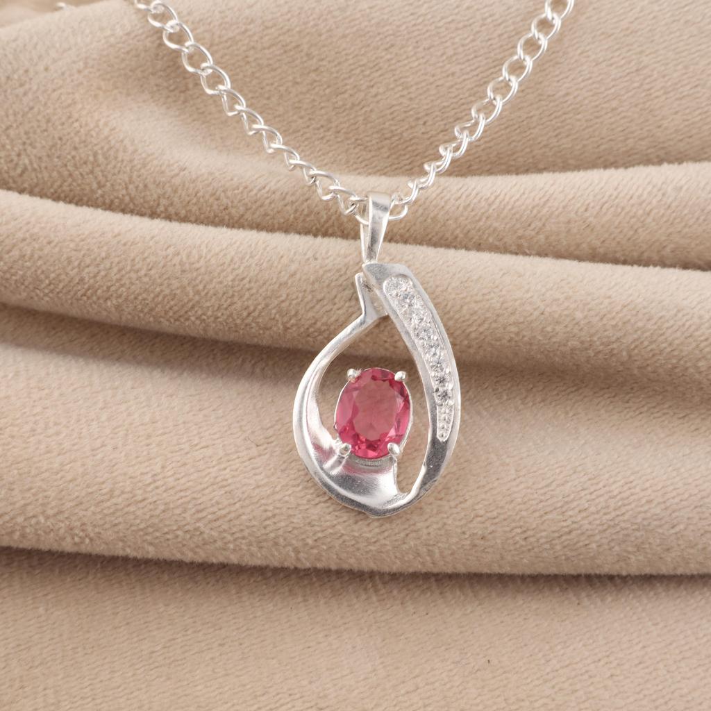 Pink Tourmaline Gemstone 925 Sterling Silver Zircon Jewelry Elegant Chain Pendant 1.4" For Gift CZP-16-4