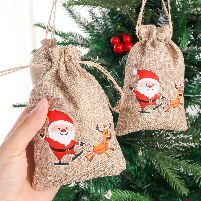 1/30pcs Mini Christmas Drawstring Gift Bags Linen Santa Claus Elk Candy Biscuit Storage Bags Kids New Year Party Packaging Pouch