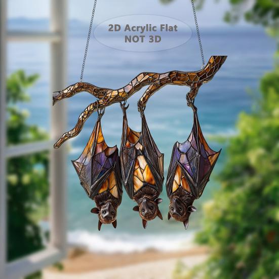 Halloween Fargerik Flaggermus Hengepynt Farget Glass 2D Flat Akryl Heksehatt Solfanger Innendørs Utendørs Vegg Vindu Hengeskilt Ornament