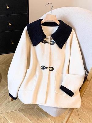 Women's Retro French Chic Woolen Coat - Artistic Contrasting Color, Long Sleeve, Loose Fit, Age-Reducing, 2025 Autumn/Winter Collection