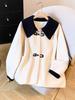 Women's Retro French Chic Woolen Coat - Artistic Contrasting Color, Long Sleeve, Loose Fit, Age-Reducing, 2025 Autumn/Winter Collection