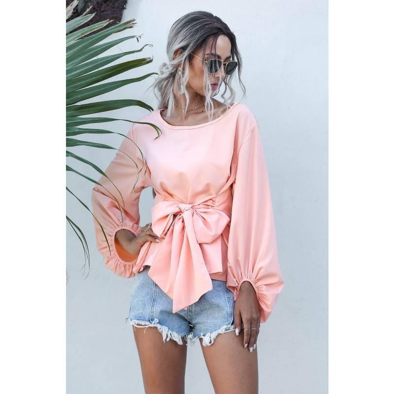 Trendy Loose-fit Chiffon Lantern Sleeve Top With Bowknot For Women Spring