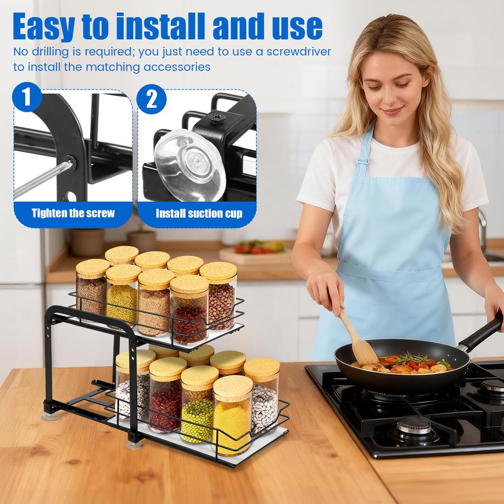 Pull-Out Under Sink Organizer Sliding Spice Storage Rack Height Adjustable Kitchen Bottle Can Cabinet Under Organizer Shelf