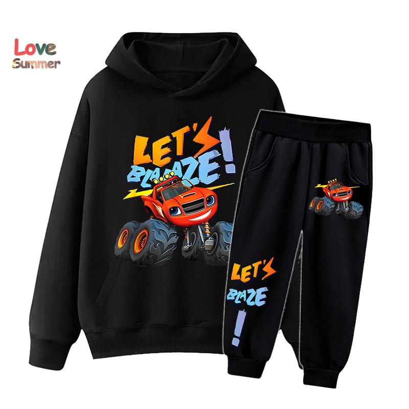 2pcs Boys hoodie Set car monster patterns boys like 2pcs Sporty Pants Hoodie Set Gift Ideal Daily Outdoor Wear Suit Thin Kids Tracksuit