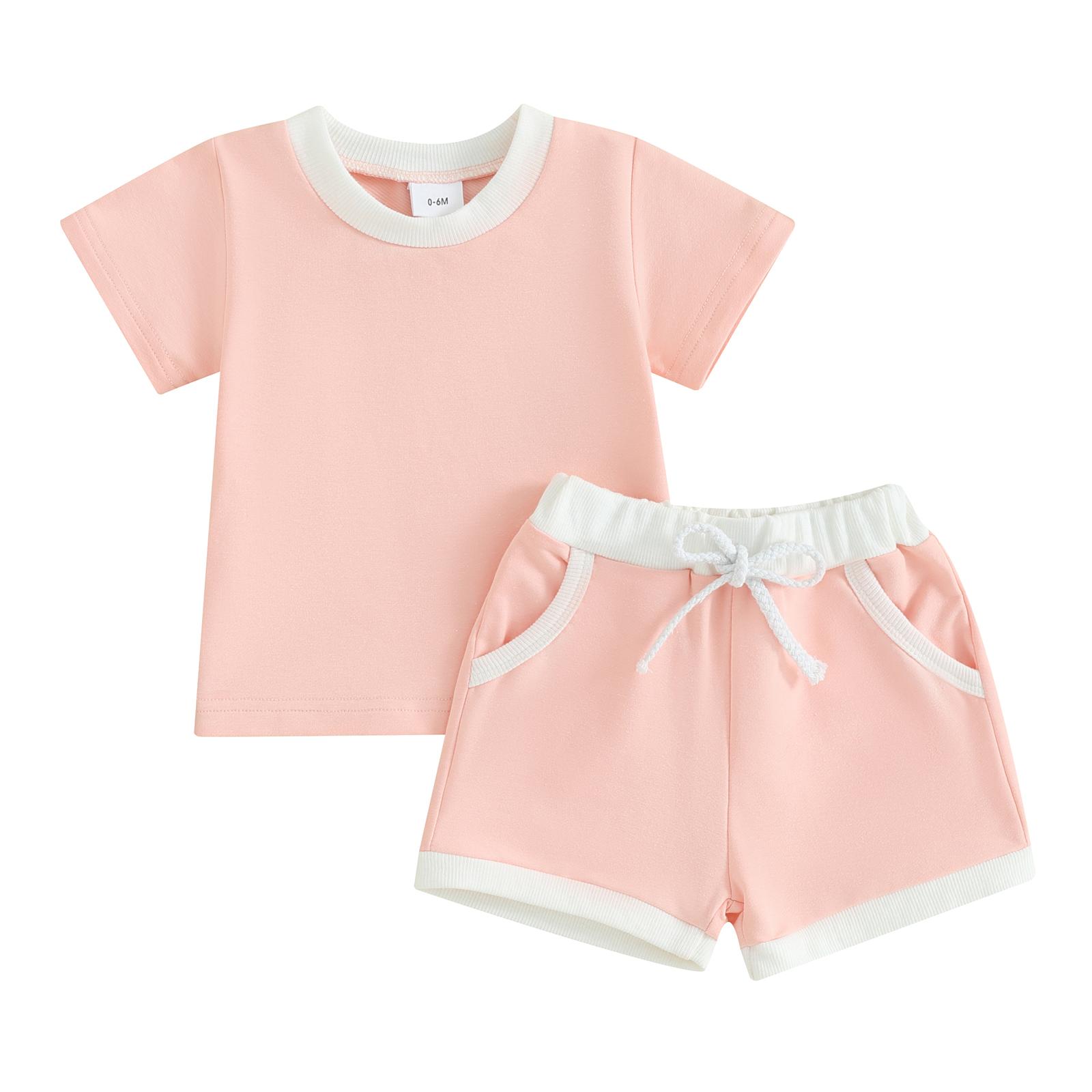 

Комплект из 2 предметов для маленьких девочек 6, 12, 18, 24 месяцев, 3 лет, футболка контрастного цвета с короткими рукавами и эластичные шорты, комплект, милая летняя одежда 2-3 Years розовый