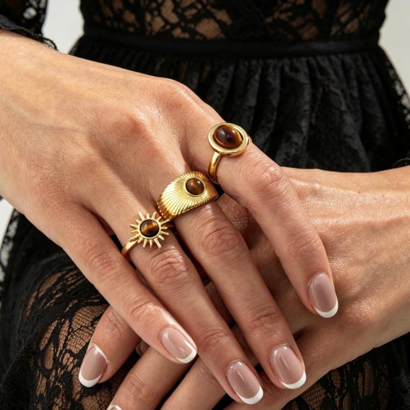 European and American retro tiger's eye stone open ring set, women's gold light luxury stacked index finger ring, niche design ring
