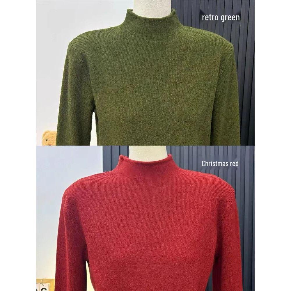 Noble Bourgeois Olive Green High-Neck Knit Sweater for Women - Stylish Autumn/Winter Layer