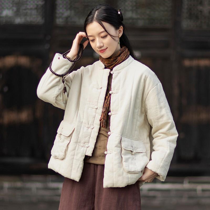 Johnature Women Vintage Warm Stand Long Sleeve Coats Solid Color Button Winter Pockets Coats
