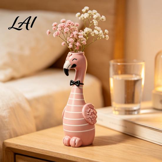 Pink Desk Ornament for Girls Cute Resin Flamingo Decorative Vase Flower Holder Figurine Statues Living Room Tabletop Dried Artificial Flowers,