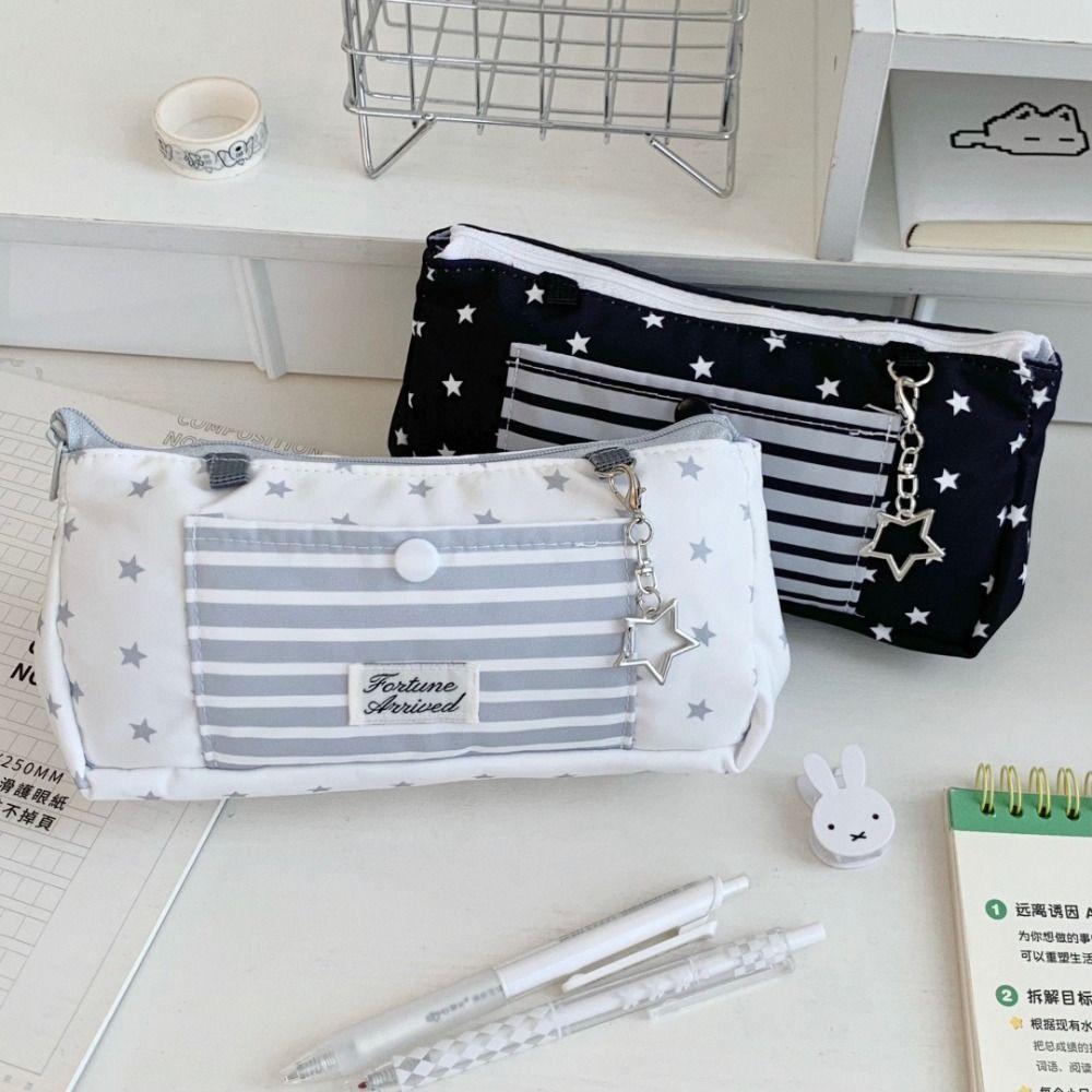 Printed Pencil Storage Bag Striped Zipper Stationery Pouch Trendy Star Pencil Case  Back To School