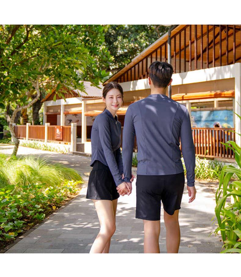 Women's Slim-Fit Three-Piece Swimsuit: Boy Shorts, Long-Sleeved Top, Tummy Concealing. Men's Two-Piece: Perfect for Couple Swimwear.
