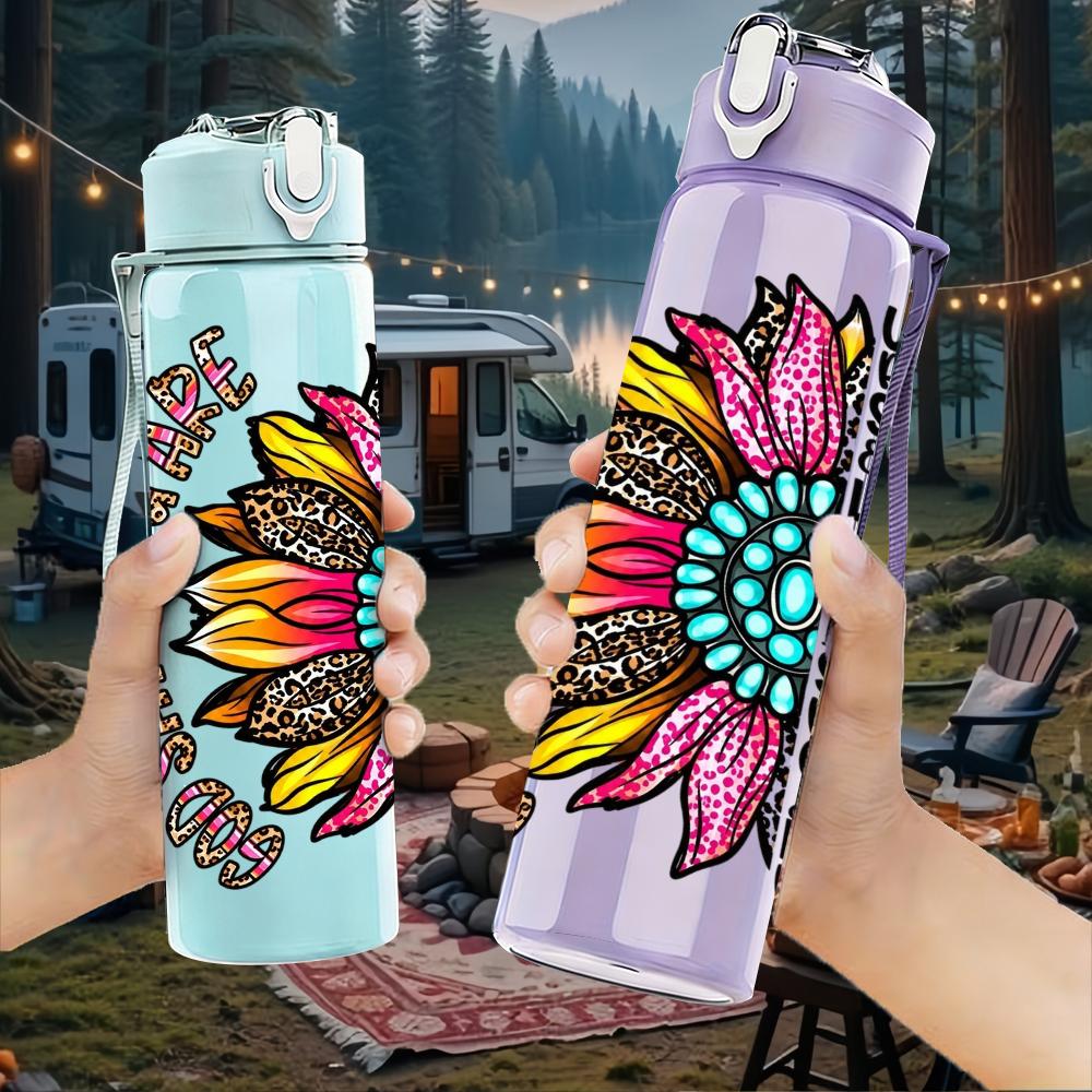 1PC Mandala Sunflower Text Art 750ml Color Plastic Sports Water Bottle Leakproof Flip Straw Lid Suitable for Sports Office Home Use