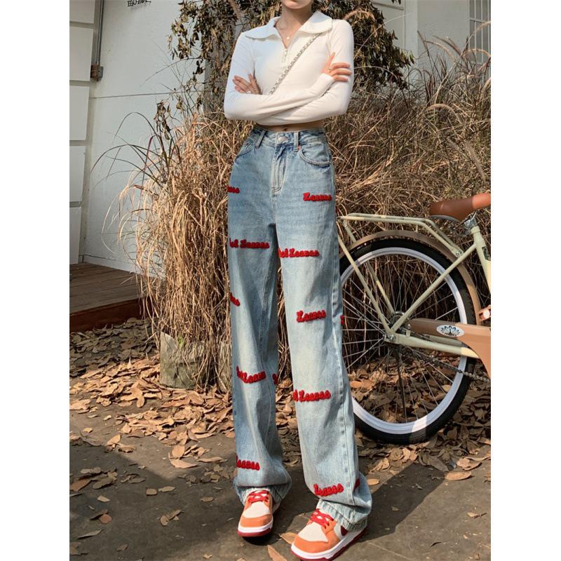 

Высококачественные европейские и американские вышитые джинсы прямого кроя - женские новые брюки с высокой посадкой, облегающие и широкие от бедра. XL