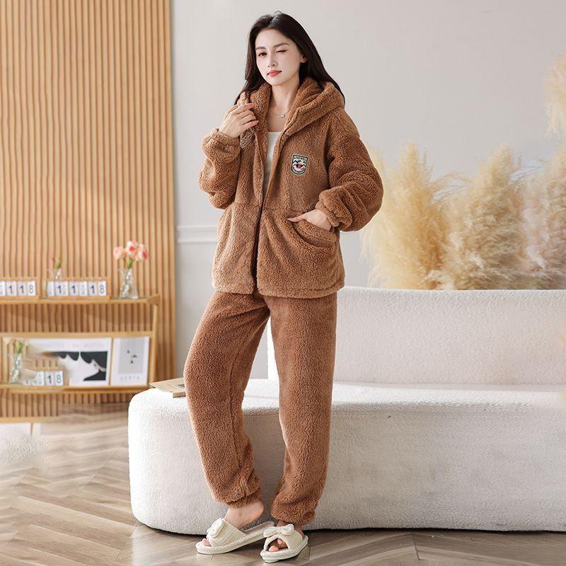 Womens Coral Fleece Pajama Set With Hooded Top Long Pants Warm Thick Soft Lounge Wear Home Or Light Outdoor Use
