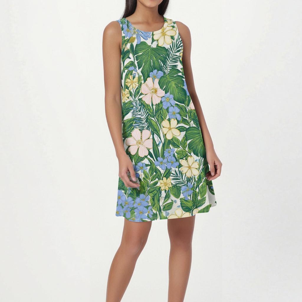 Robe de plage tendance pour femme, sans manches, col rond, imprimé floral