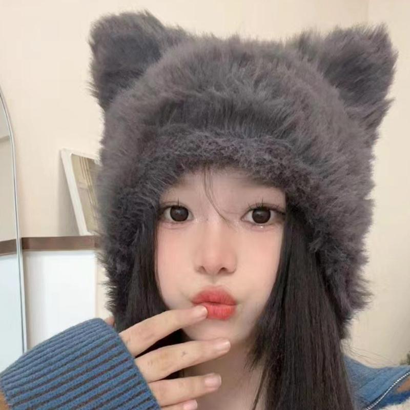 Winter Warm Plush Hat for Women Funny Bear Ear Hat Hooded Skull Hat Outdoor Activity Cap Windproof Headwear Pullover Hat