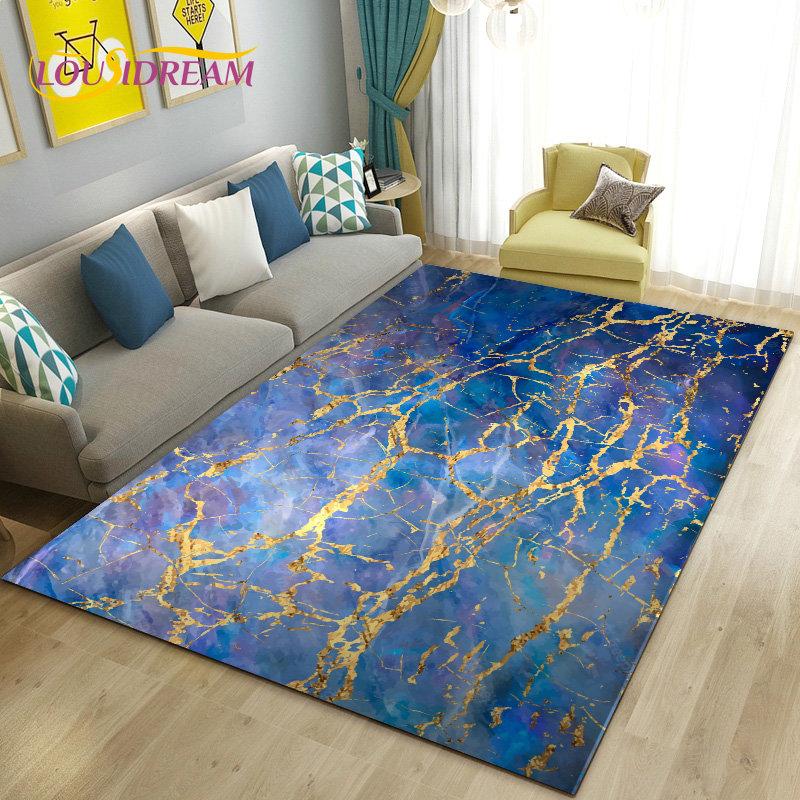 Nordic Black Gold Blue Marble Area Rug Large,Carpet Rug for Living Room Bedroom Sofa Doormat Decoration,kids Non-slip Floor Mat