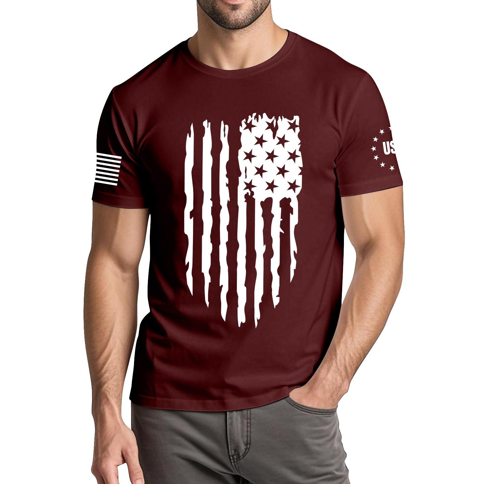 

Чоловіча модна повсякденна футболка з круглим вирізом та коротким рукавом з принтом до Дня Незалежності XL винний