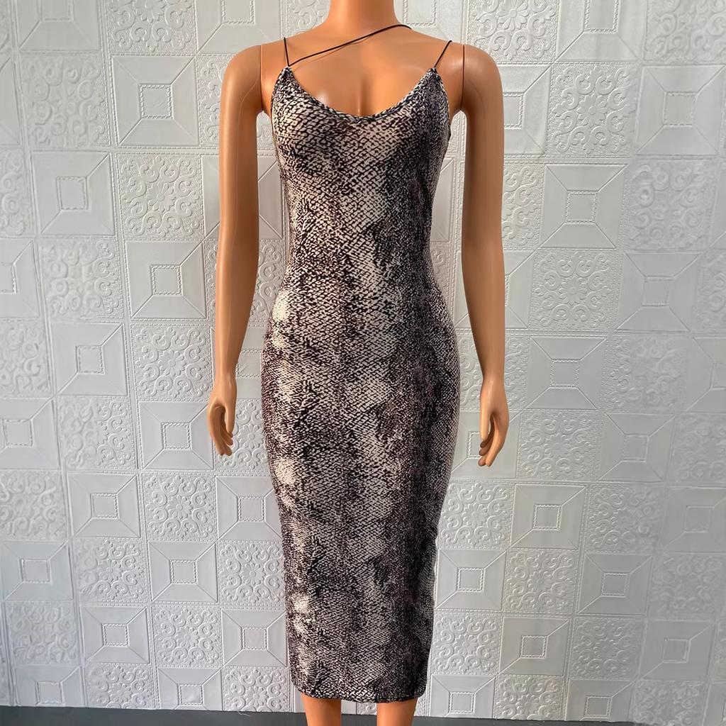 Frühling und Sommer Neuer Stil Trägerloses Ärmelloses V-Ausschnitt Leo-Print Midi-Kleid Damenkleid