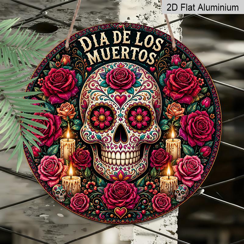 2D Flat, 1pc Dia De Los Themed Round Metal Hanging Sign, Traditional Mexican Folk Art Blooming Rose Candle Decor Plaque, Easy Hang Indoor Outdoor