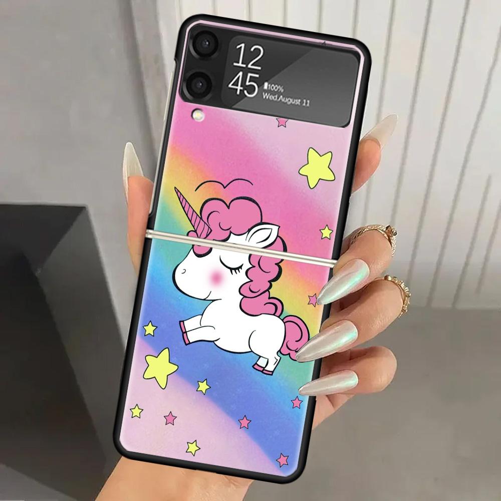 

Pink Unicorn Rainbow Hard PC Phone Case For Samsung Galaxy Z Flip 7 6 5 4 3 Black ZFlip7 ZFlip6 Flip5 Flip4 Flip3 5G Print Cover Samsung Z Flip 7