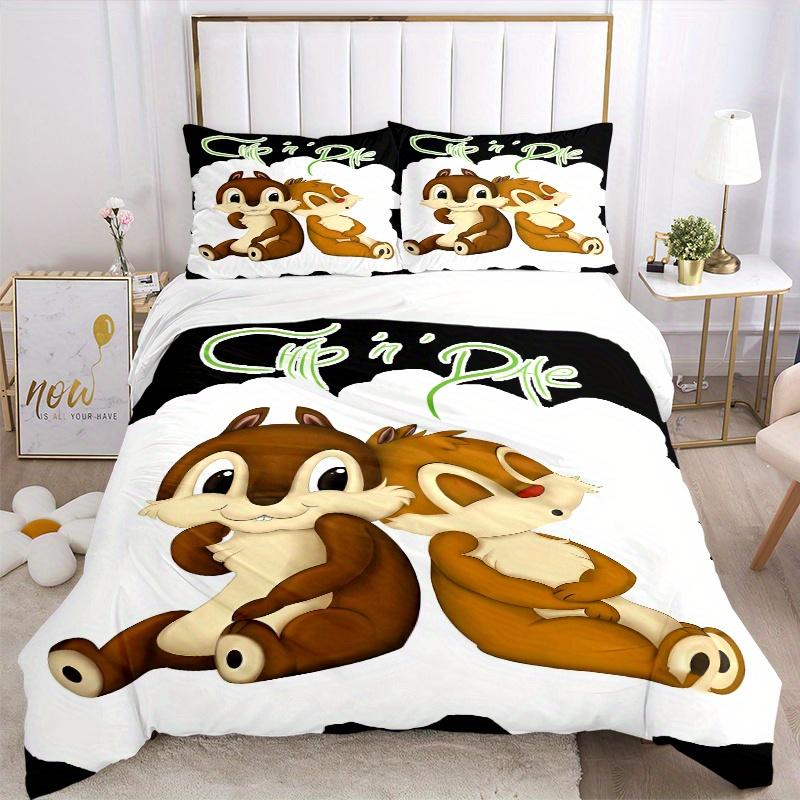 3pcs Cute Chip 'n' Dale Quilt Set Soft and Comfortable Bedroom, Guest Room and Dorm Decor Bedding Set 1 Quilt Cover + 2 Pillowcases.S029